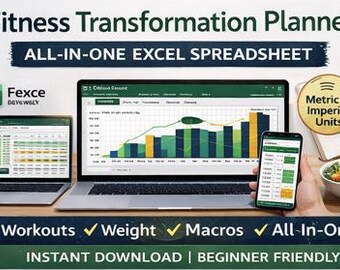 Planer transformacji fitness w Excelu | Monitor treningów Planer odchudzania Monitor posiłków i makroskładników | Uniwersalny arkusz kalkulacyjny fitness