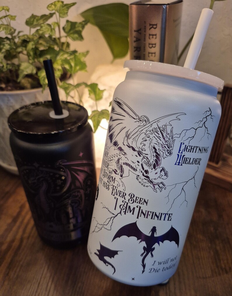 Fourth Wing - Basgiath War College Inspired - Stainless Steel 16 oz. Powder coated PURPLE OMBRE Plated Engraved Tumbler - Black/White image 5