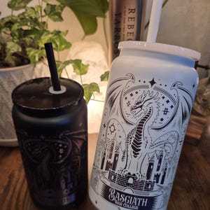 Fourth Wing - Basgiath War College Inspired - Stainless Steel 16 oz. Powder coated PURPLE OMBRE Plated Engraved Tumbler - Black/White image 3