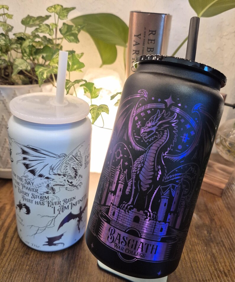 Fourth Wing - Basgiath War College Inspired - Stainless Steel 16 oz. Powder coated PURPLE OMBRE Plated Engraved Tumbler - Black/White image 7