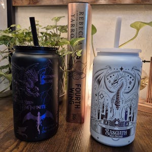 Fourth Wing - Basgiath War College Inspired - Stainless Steel 16 oz. Powder coated PURPLE OMBRE Plated Engraved Tumbler - Black/White image 1