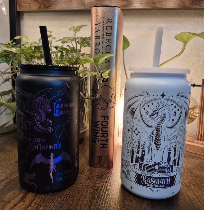 Fourth Wing - Basgiath War College Inspired - Stainless Steel 16 oz. Powder coated PURPLE OMBRE Plated Engraved Tumbler - Black/White image 1