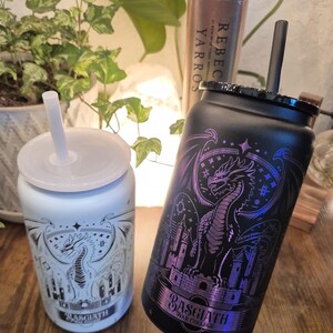 Fourth Wing - Basgiath War College Inspired - Stainless Steel 16 oz. Powder coated PURPLE OMBRE Plated Engraved Tumbler - Black/White image 2