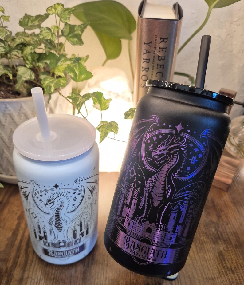 Fourth Wing - Basgiath War College Inspired - Stainless Steel 16 oz. Powder coated PURPLE OMBRE Plated Engraved Tumbler - Black/White image 2
