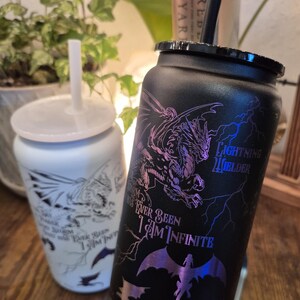 Fourth Wing - Basgiath War College Inspired - Stainless Steel 16 oz. Powder coated PURPLE OMBRE Plated Engraved Tumbler - Black/White image 4