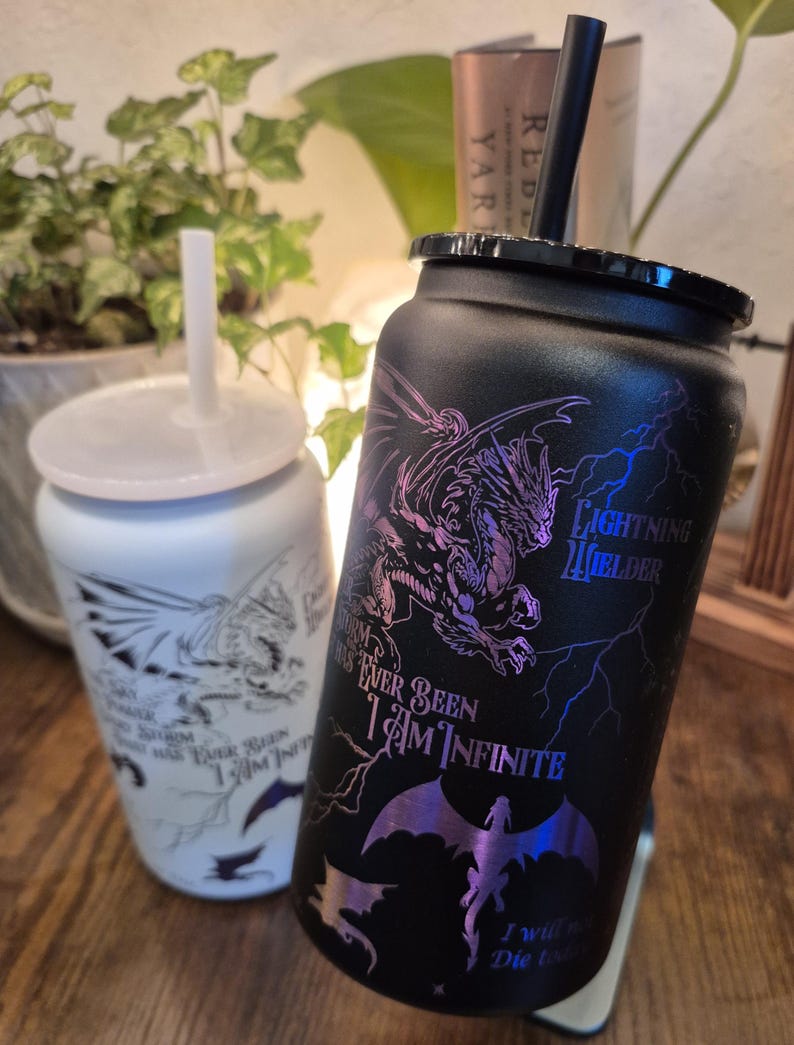 Fourth Wing - Basgiath War College Inspired - Stainless Steel 16 oz. Powder coated PURPLE OMBRE Plated Engraved Tumbler - Black/White image 4