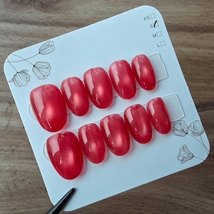 Ruby Red Cat Eye Handmade Press On Nails - Reusable Hand Painted Gel Nails
