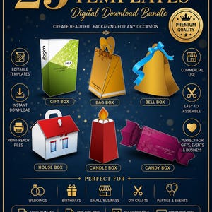May include: Digital download bundle of 25 box decor templates. Includes gift, bag, bell, house, candle, and candy box designs. Features editable templates, instant download, print-ready files, and commercial use. Perfect for weddings, birthdays, small businesses, DIY crafts, and parties.