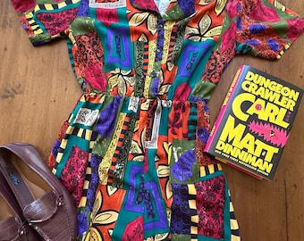90s Multicolor Button Up Romper with Pockets – Retro Cinched Waist Style