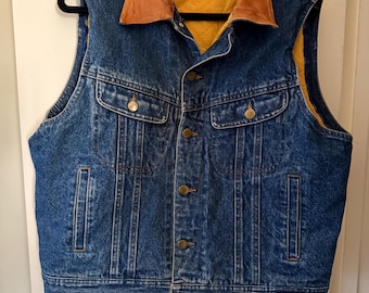 Gilet in denim da uomo Ranch Cowboy Rugged Rodeo Wrangler con colletto in pelle