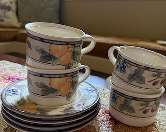 Mikasa Intaglio Garden Harvest Mugs and Dessert Plates Set (4 Each) – Vintage Fruit Design