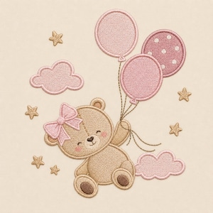 May include: An embroidery design featuring a light brown teddy bear with a pink bow on its head, holding three pink balloons. The scene includes two pink clouds and five small gold stars arranged around the bear on a light cream background.