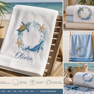 May include: White beach towel embroidered with a blue and yellow sea life wreath design, including a turtle, whale, and starfish. The name "Olivia" is embroidered in a script font. The towel is displayed on a wooden beach chair.