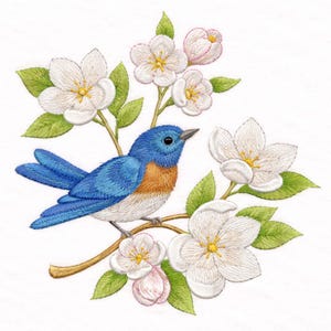 Diseño de bordado floral de pájaro azul con patrón de flores blancas, archivo de bordado a máquina de pájaro Jardín de primavera Descarga instantánea