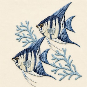 Angelfish Embroidery Design, Tropical Ocean Fish with Coral, Coastal Decor (Digital Download)