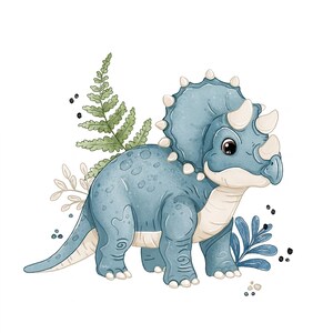 May include: A digital illustration of a blue triceratops dinosaur with a cream-colored underbelly and horns. The dinosaur is positioned in front of a green fern leaf and a small blue plant, accented by several small black dots scattered around.