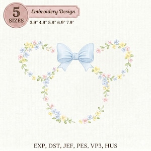 Colorful Floral Mickey Head Machine Embroidery Pattern, Blue Bow Wreath File