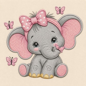 Puede incluir: Un diseño bordado de un bebé elefante gris con grandes orejas rosas, que lleva una diadema rosa con un lazo de lunares blancos. El elefante tiene ojos azules, mejillas sonrosadas y está rodeado de cuatro pequeñas mariposas rosas con detalles negros.