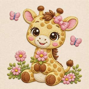 Puede incluir: Imagen bordada de una jirafa sonriente con manchas marrones, con un lazo rosa, rodeada de flores y mariposas rosas. La jirafa tiene grandes ojos marrones y está sentada. La imagen tiene un aspecto suave y texturizado.