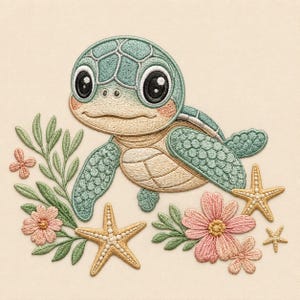 May include: An embroidered patch featuring a cartoon sea turtle with a light green shell and tan underbelly. The turtle is surrounded by two golden starfish, pink flowers, and green leafy sprigs, all rendered in detailed thread work on a cream background.