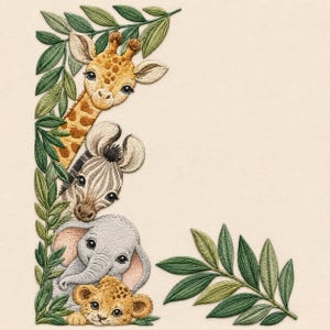 Könnte beinhalten: Gesticktes Design mit einer Giraffe, einem Zebra, einem Elefanten und einem Löwenjungtier, die hinter grünen Blättern hervorlugen. Die Tiere haben detaillierte Merkmale vor einem cremefarbenen Hintergrund. Das Design hat ein weiches, strukturiertes Aussehen.