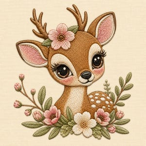 Op de afbeelding: Een borduurontwerp met een bruin reekalfje met grote donkere ogen, lange wimpers en een klein gewei. Het reekalfje is omringd door roze en witte bloemen met groene bladeren, allemaal uitgevoerd in gedetailleerd stikwerk op crèmekleurige stof.