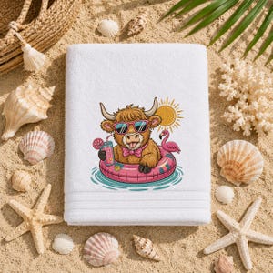 Diseño de bordado de vaca de las Tierras Altas, patrón de animales para flotador de piscina de verano, archivo de bordado a máquina (descarga digital)