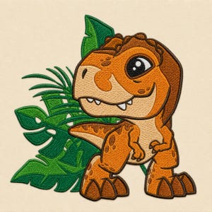 May include: An embroidered patch featuring a cartoonish orange and brown Tyrannosaurus Rex dinosaur standing in front of several large, vibrant green tropical monstera leaves. The dinosaur has large eyes, small arms, and visible teeth.