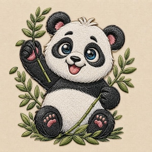 May include: An embroidered patch featuring a cartoon panda with black and white fur, large blue eyes, and a pink tongue. The panda is sitting and holding green bamboo stalks with leaves. The design includes pink paw pads and inner ears.