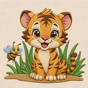 May include: An embroidered patch featuring a cartoon tiger cub sitting in green grass next to a small bumblebee. The tiger has orange fur with brown stripes, a white chest, and a pink nose. The bee has yellow and black stripes and blue wings.