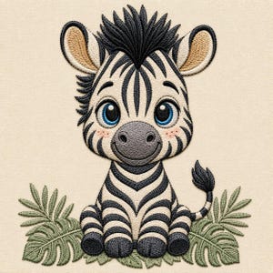 May include: An embroidered patch featuring a cartoon zebra with black and white stripes, large blue eyes, and a dark mane. The zebra sits among green embroidered tropical leaves on a light beige fabric background with detailed stitching.