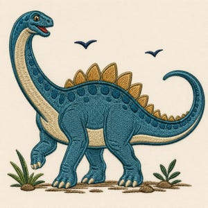 Diseño de bordado de dinosaurio de cuello largo, patrón de planta de dinosaurio prehistórico (descarga digital)