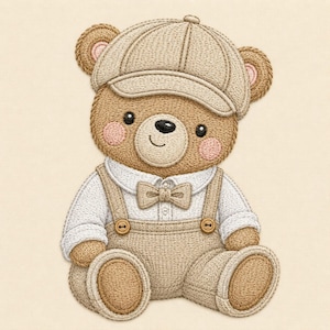 Teddy Bear Embroidery Design, Newsboy Cap and Overalls, Baby Nursery Machine File (Digital Download)