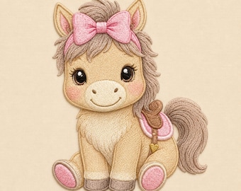 Baby Pony Embroidery Design, Pony with Pink Bow, Nursery Horse (Digital Download)