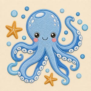 Pode incluir: Um emblema bordado apresentando um polvo azul-claro com grandes olhos pretos, bochechas rosadas e uma boca sorridente. O polvo está rodeado por várias pequenas bolhas azuis e duas estrelas-do-mar laranja com pontos brancos num fundo creme.