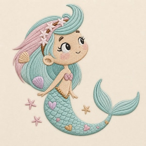 Puede incluir: Un diseño bordado de una sirena con cabello color verde azulado y rosa claro adornado con estrellas de mar blancas. La sirena tiene tez bronceada, una cola de pez verde azulado con detalles de corazones y pequeñas estrellas de mar y conchas.