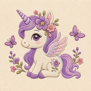 May include: Embroidered illustration of a seated unicorn with purple hair, a horn, and wings. The unicorn is adorned with a floral crown and surrounded by butterflies and flowers in shades of purple, pink, and green on a cream background.