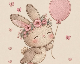 Bunny Embroidery Design, Floral Rabbit with Balloon, Baby Nursery Pattern (Digital Download)