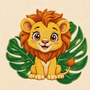 Pode incluir: Um emblema bordado apresentando um leão de desenho animado com corpo amarelo, juba laranja e bochechas rosadas, sentado em frente a uma grande folha de monstera verde-escura. O leão tem olhos castanhos grandes, nariz rosa e boca sorridente.