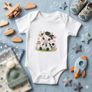Könnte beinhalten: Weißer Baby-Body mit einem Cartoon-Kuh-Design. Die schwarz-weiße Kuh hält eine Flasche und ist von Blumen und Schmetterlingen umgeben. Im Hintergrund sind Babyspielzeuge zu sehen.