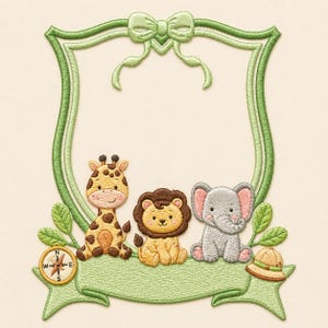 May include: Embroidered design featuring a green frame with a bow, a giraffe, lion, and elephant. A compass and safari hat are also included. The design is in shades of green, tan, and brown.