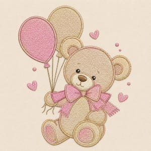 May include: An embroidery design featuring a light brown teddy bear sitting down, wearing a large pink bow around its neck. The bear holds two balloons, one pink and one tan, with several small pink hearts scattered around the figure.