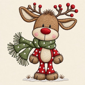 May include: An embroidered illustration of a brown reindeer with a red nose, wearing a green scarf with white polka dots and a red outfit with white polka dots. The reindeer has antlers decorated with red berries and stands on white snow.