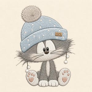 Cat Embroidery Design, Winter Kitten with Beanie Machine Embroidery Pattern, Nursery Digital Download