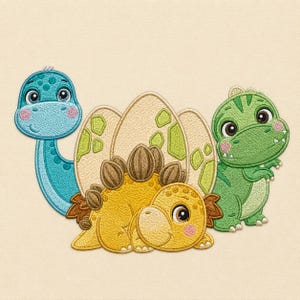 Peut inclure: Un motif de broderie représentant trois dinosaures de dessin animé. Un dinosaure bleu à long cou est à gauche, un stégosaure jaune avec des plaques brunes est au centre, et un dinosaure vert est à droite près de trois grands œufs.