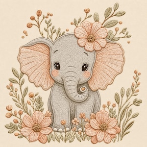 Può includere: Un disegno da ricamo che raffigura un cucciolo di elefante grigio con grandi orecchie sfumate di rosa e guance rosee. L'elefante è circondato da fiori color pesca, foglie verdi e piccoli boccioli su uno sfondo in tessuto beige chiaro.