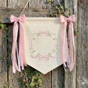Elegant Floral Wreath with Pink Ribbon Bows Embroidery Design, Round Monogram Frame for Baby Blankets, Instant Download Dst Pes.