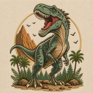 May include: An embroidered design featuring a green Tyrannosaurus Rex with an open mouth, standing in a prehistoric landscape with orange mountains, palm trees, and pine trees, all enclosed within a circular gold-colored stitched border.