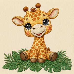 May include: An embroidered design of a baby giraffe with large blue eyes and a smiling expression, featuring yellow and brown spots, sitting amidst a cluster of detailed green tropical leaves on a light beige fabric background.