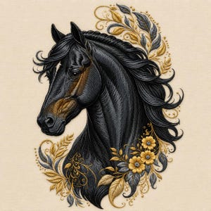 Pode incluir: Design bordado da cabeça de um cavalo preto com uma crina fluida. O cavalo é rodeado por elementos florais e de folhas douradas e cinzentas. O fundo é bege claro.